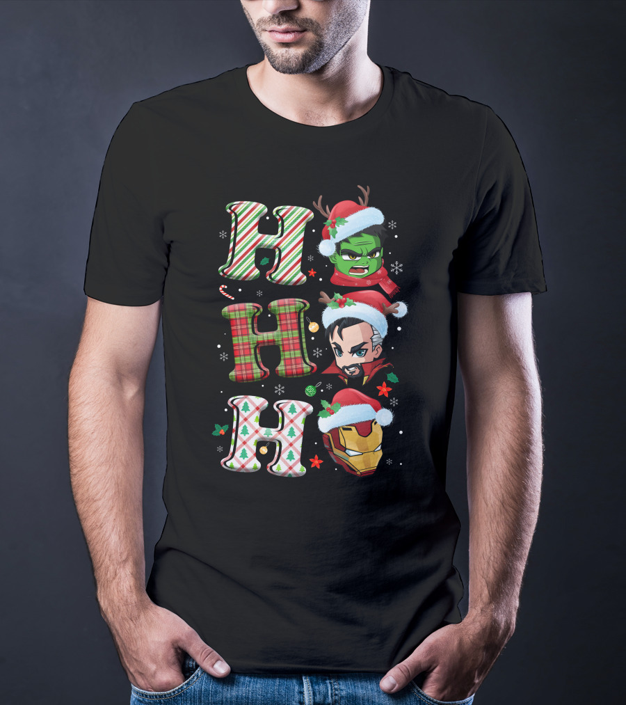 Ho Ho Ho Christmas Heroes Hulk Santa Hulk Ironman T-Shirt