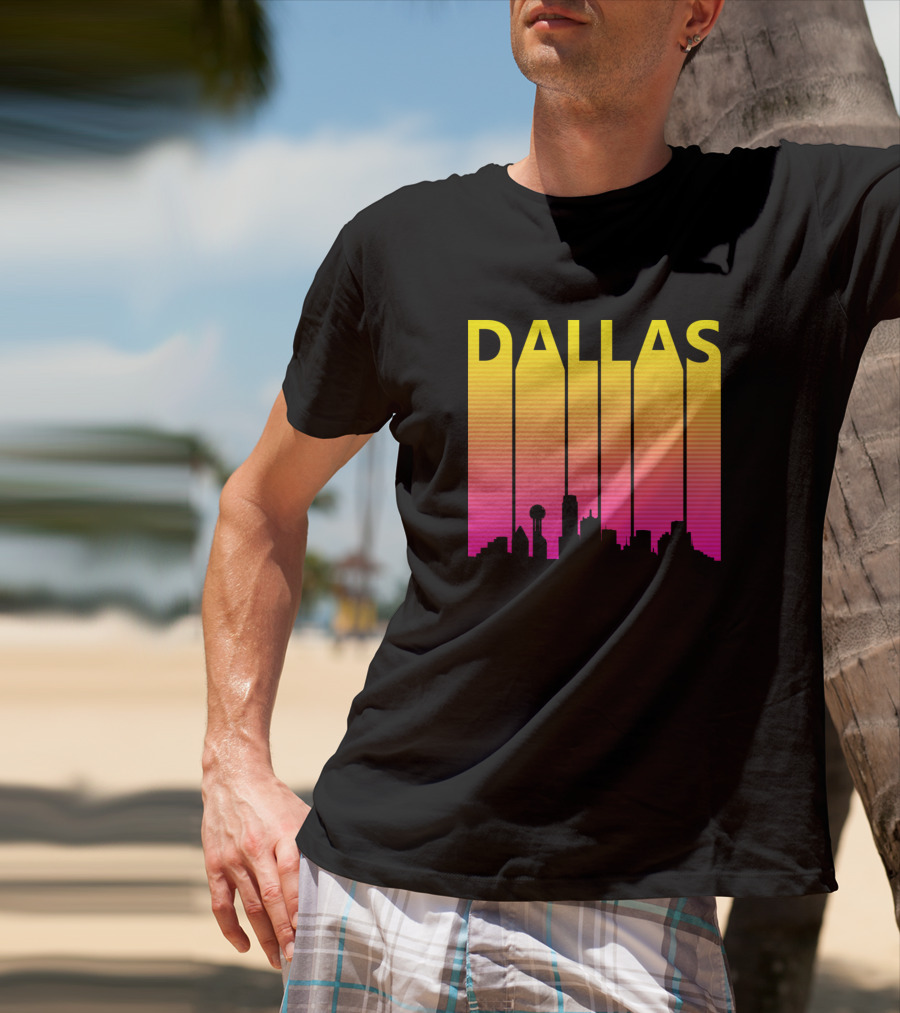 Dallas 1980s Retro Skyline Silhouette In Neon Gradient T-Shirt
