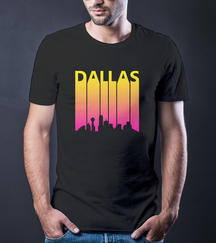 Dallas 1980s Retro Skyline Silhouette In Neon Gradient T-Shirt