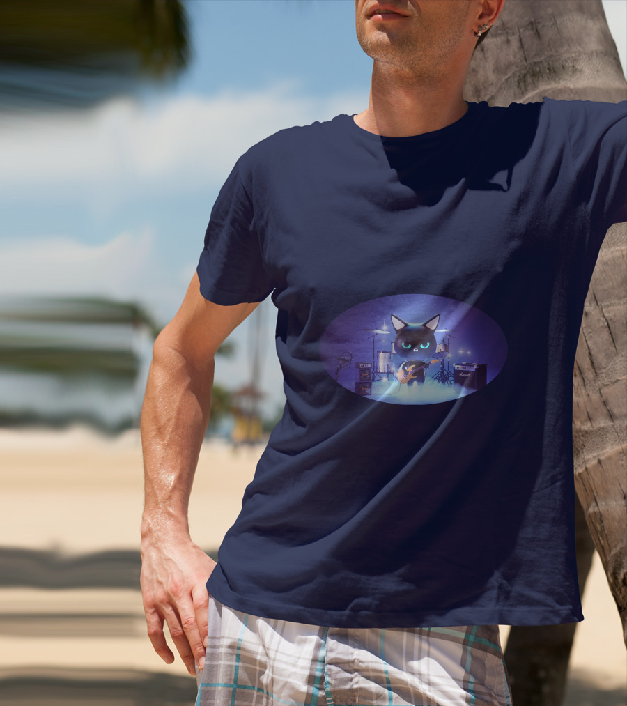 Cat Playing Guitar On Stage With Drums And Amps T-Shirt