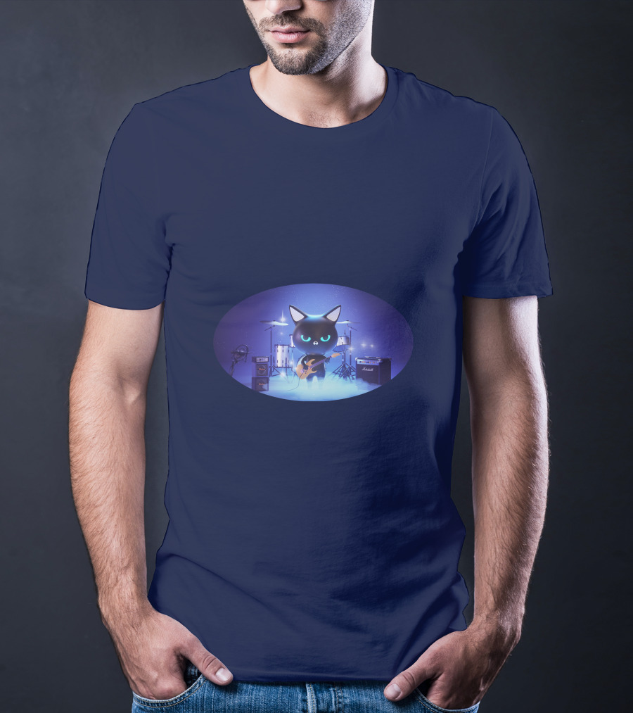 Cat Playing Guitar On Stage With Drums And Amps T-Shirt