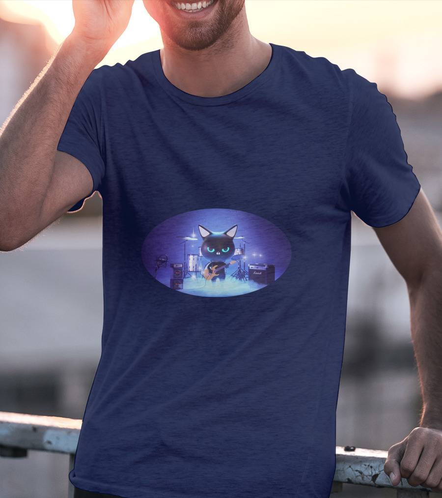 Cat Playing Guitar On Stage With Drums And Amps T-Shirt