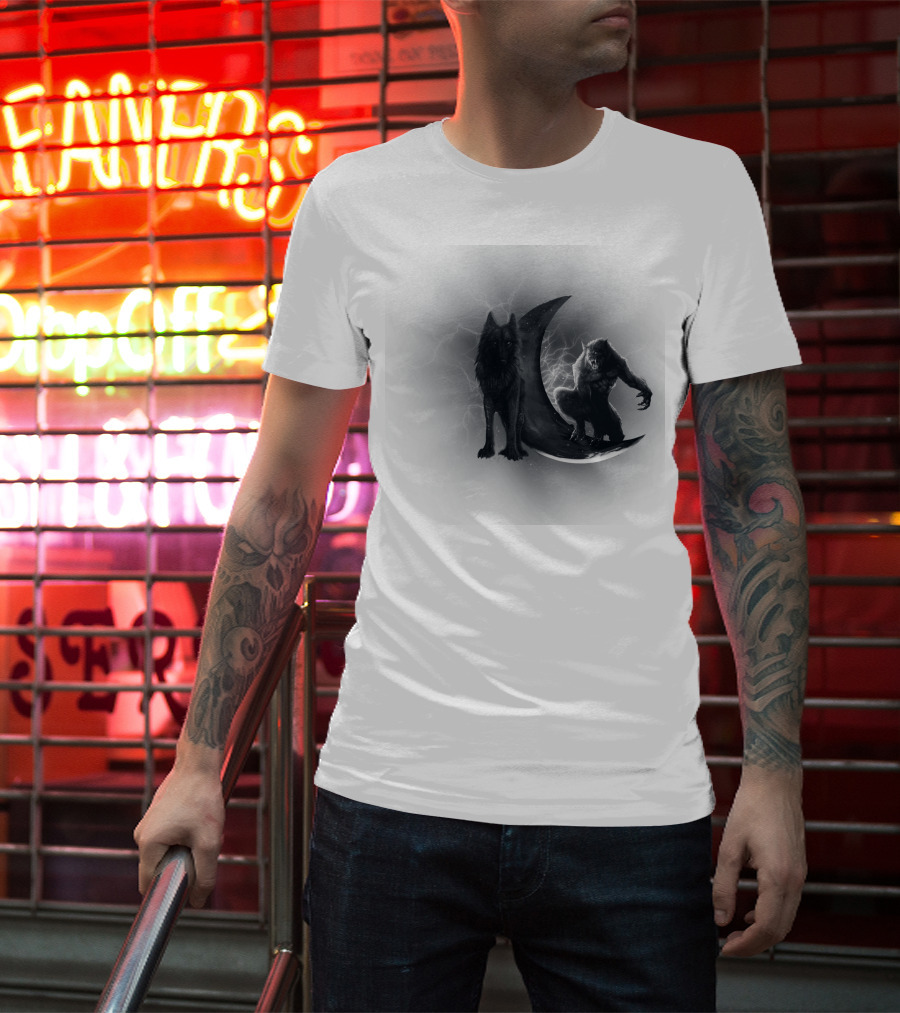 300219 Wolf And Werewolf On Crescent Moon With Lightning T-Shirt