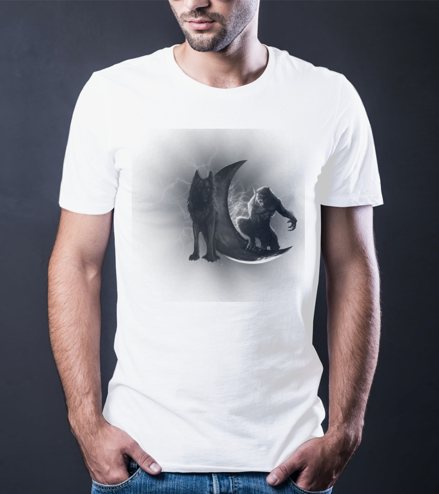 300219 Wolf And Werewolf On Crescent Moon With Lightning T-Shirt