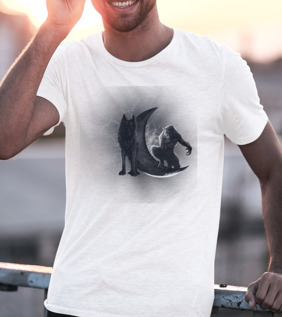 300219 Wolf And Werewolf On Crescent Moon With Lightning T-Shirt