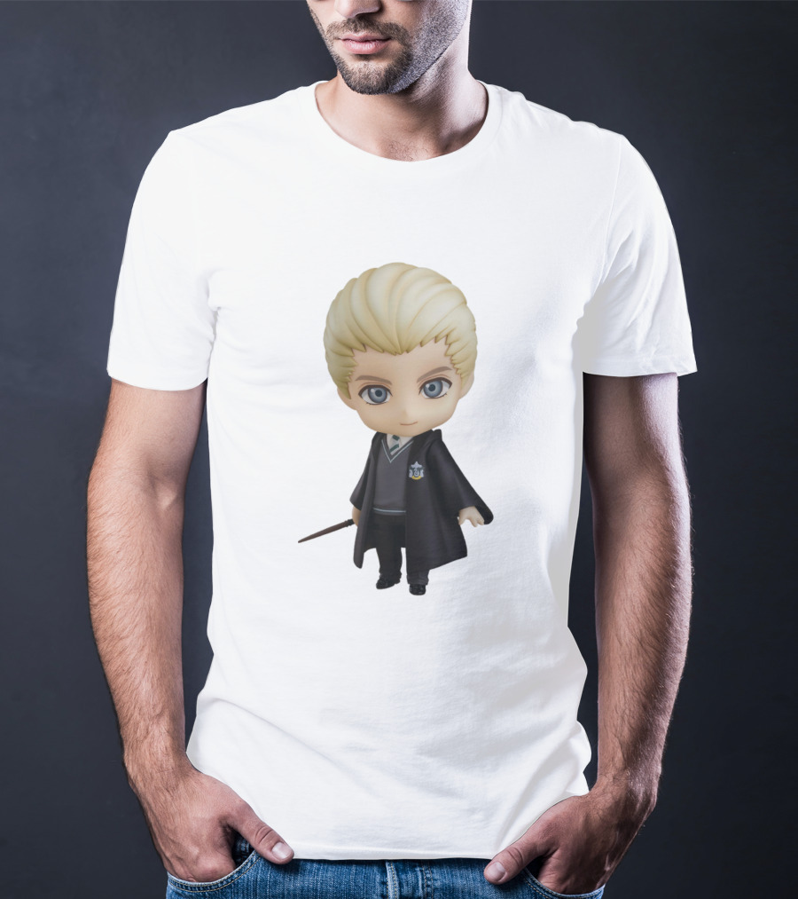 Draco Malfoy Chibi Character In Black Cloak Displaying Wand T-Shirt