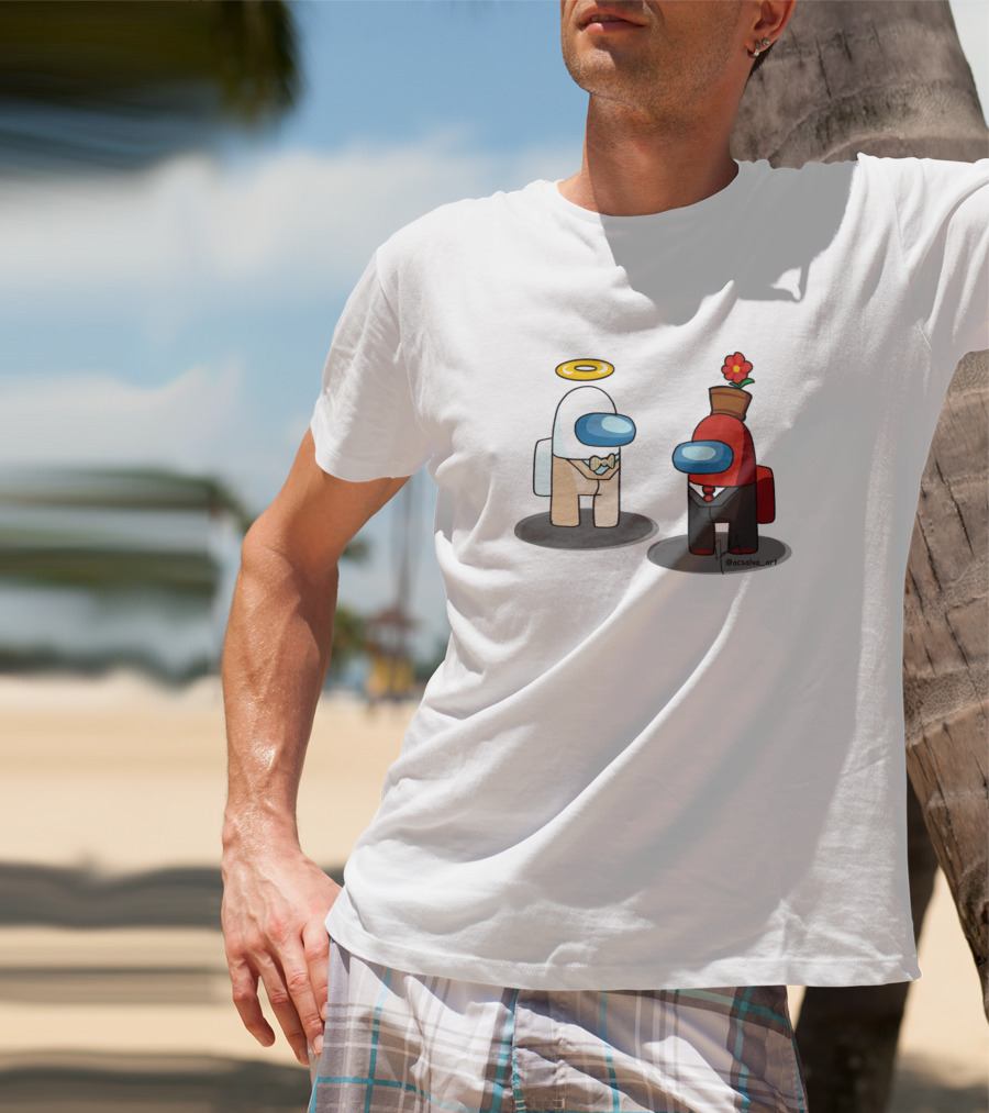 Among Us Ineffable Husbands Angel And Demon Characters In Suit And Bow Tie With Halo And Flowerpot Hat T-Shirt