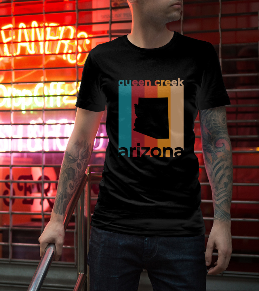 Queen Creek Arizona Retro Stripes Map T-Shirt