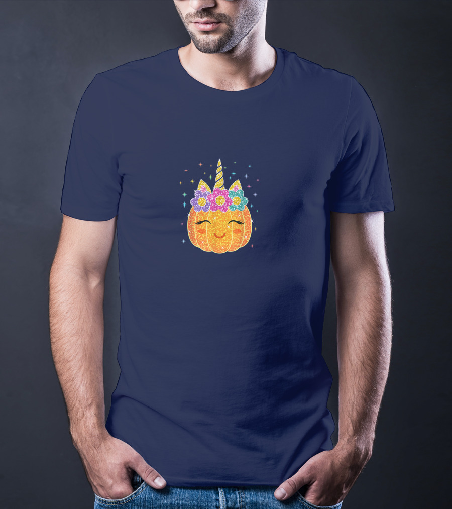 Cute Unicorn Pumpkin With Glittery Sparkling Flowers And Stars T-Shirt