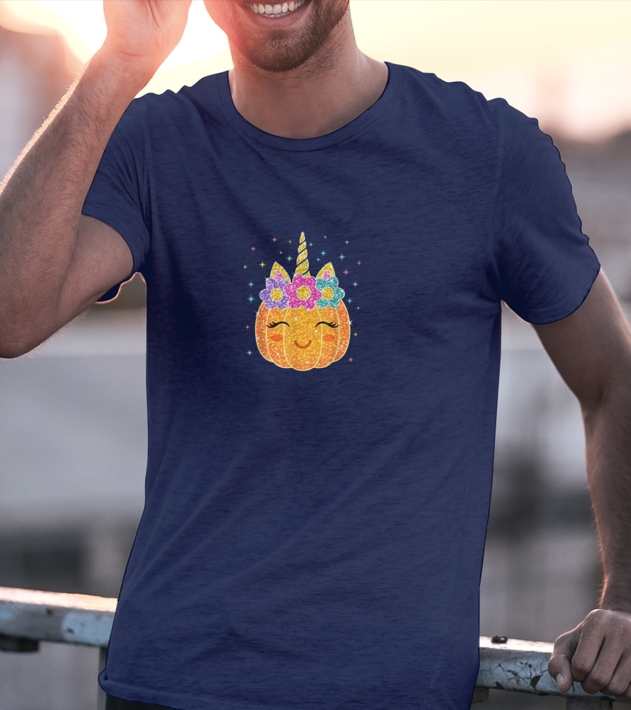 Cute Unicorn Pumpkin With Glittery Sparkling Flowers And Stars T-Shirt