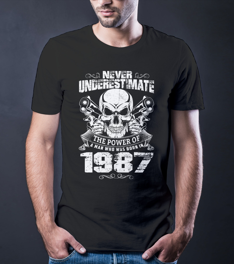Never Underestimate The Power Of A Man Born In 1987 With Skull And Pistons T-Shirt