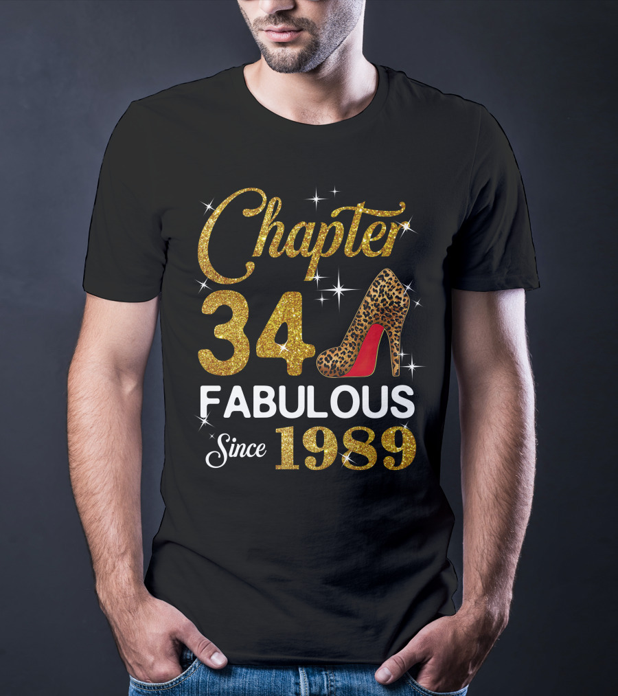 Chapter 34 Fabulous Since 1989 Golden Glitter Leopard Print Heel T-Shirt