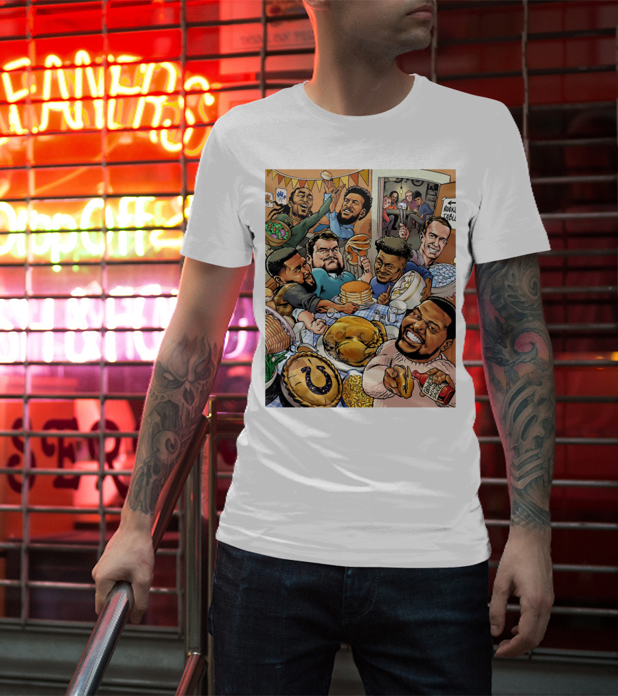 Indianapolis Colts Thanksgiving Feast Cartoon With NFL Players Celebrating T-Shirt