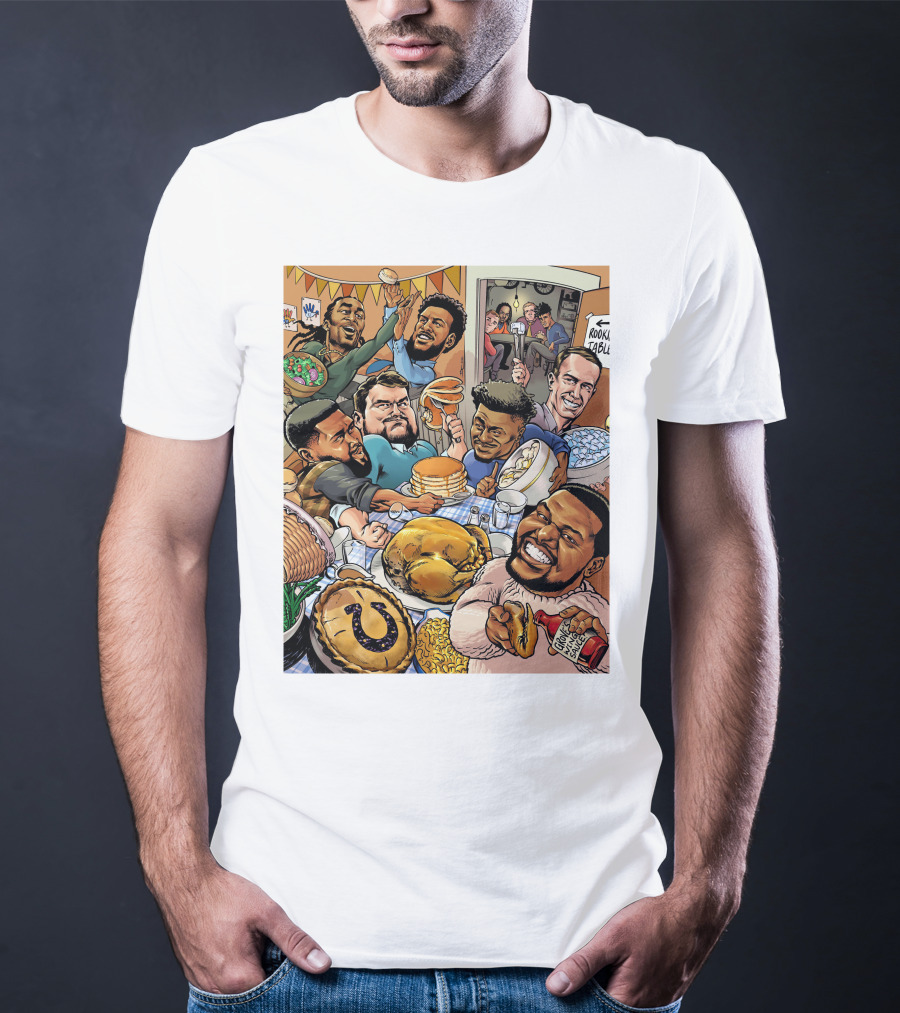 Indianapolis Colts Thanksgiving Feast Cartoon With NFL Players Celebrating T-Shirt