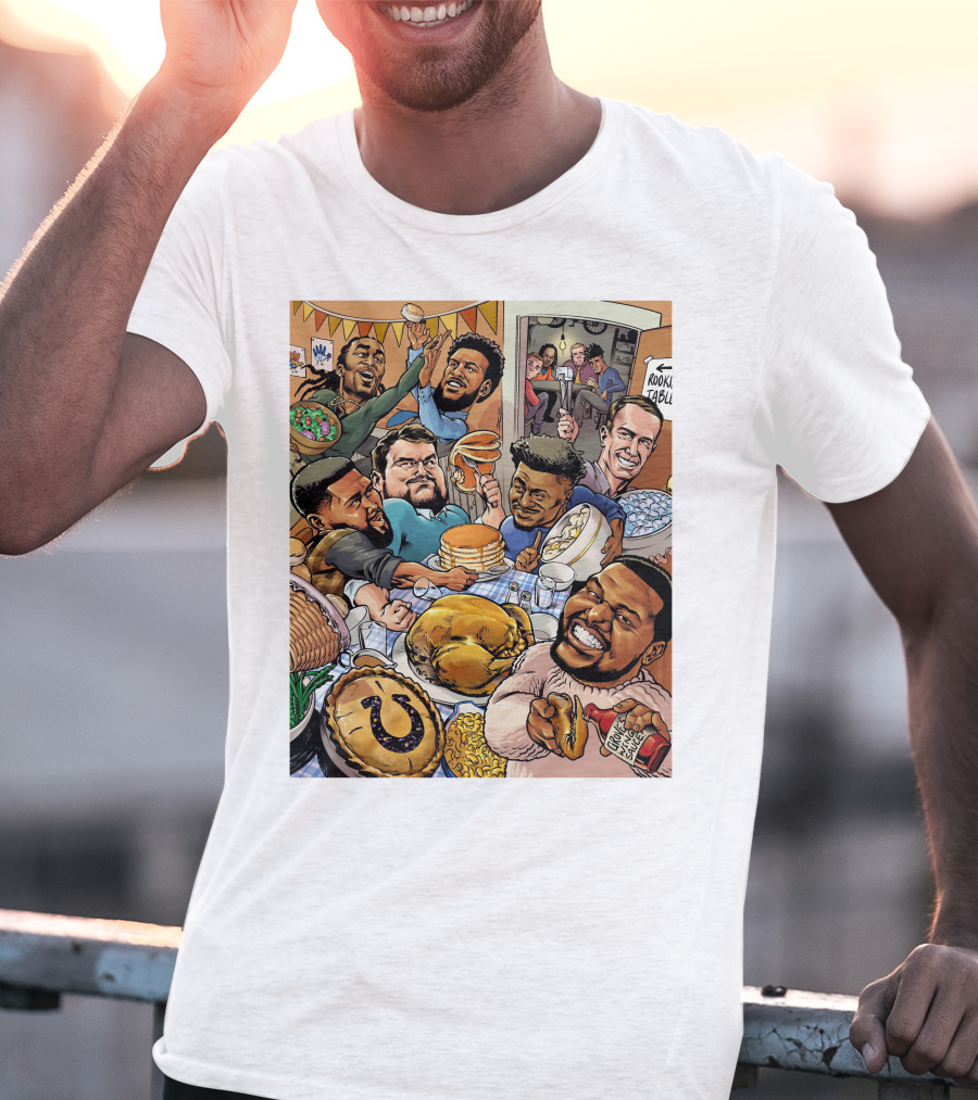 Indianapolis Colts Thanksgiving Feast Cartoon With NFL Players Celebrating T-Shirt