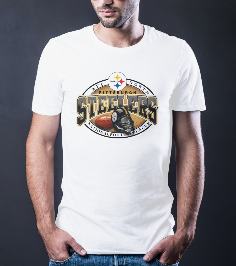Pittsburgh Steelers AFC North National Football League Logo And Helmet With Football On Grey Background T-Shirt