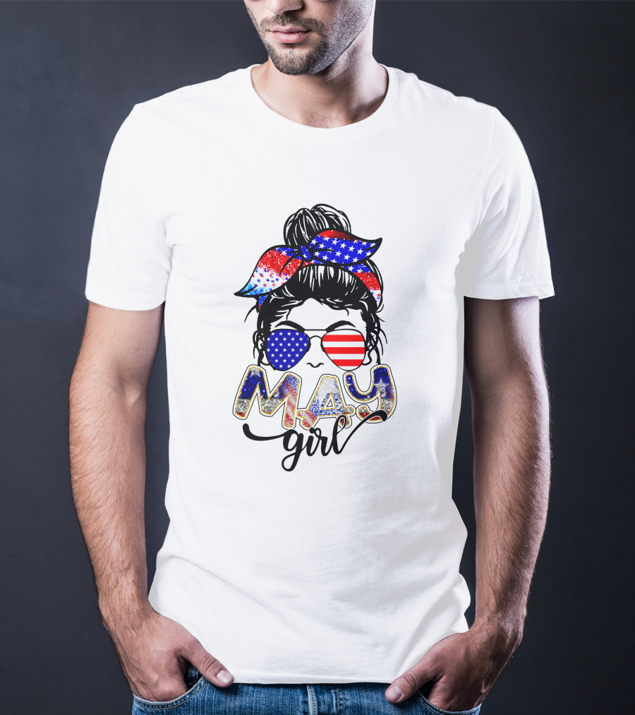 May Girl American Flag Sunglasses And Bandana T-Shirt