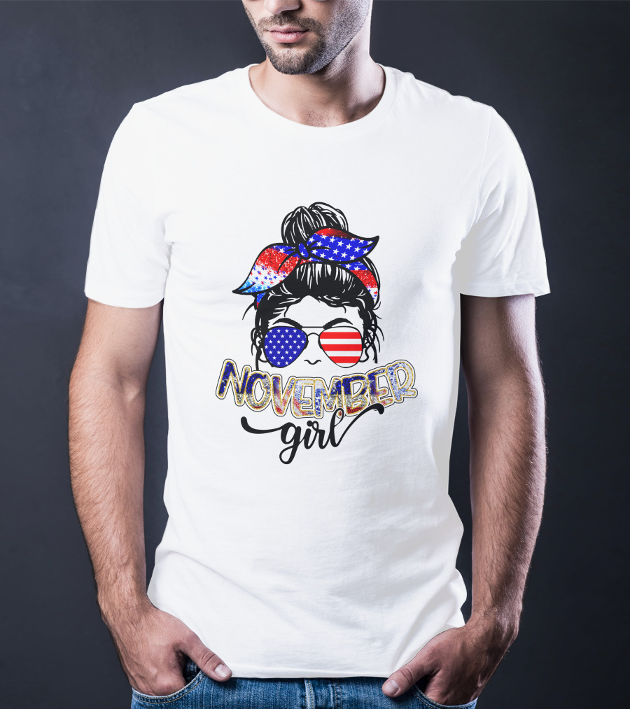 November Girl Patriotic Stars And Stripes Sunglasses And Headband T-Shirt