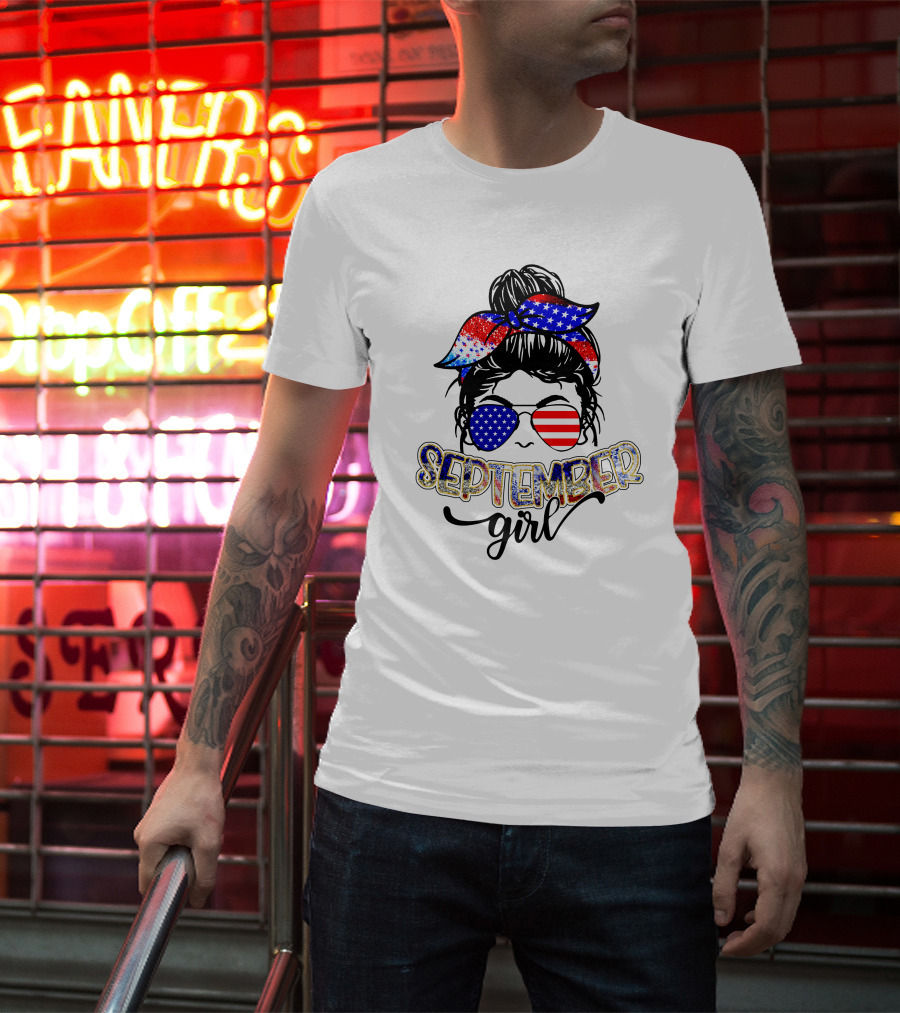 September Girl American Flag Bandana And Sunglasses T-Shirt