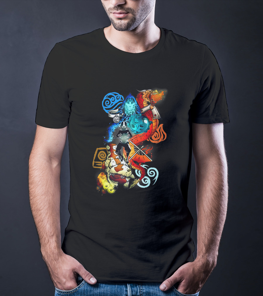 Avatar Bending Elements With Water, Earth, Fire, Air Symbols And Creatures 4828 T-Shirt