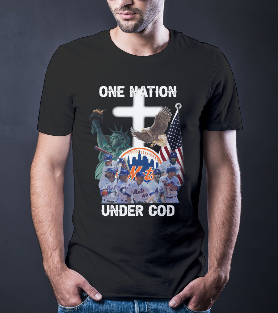 New York Mets One Nation Under God Liberty Eagle Flag Cross Baseball Players T-Shirt