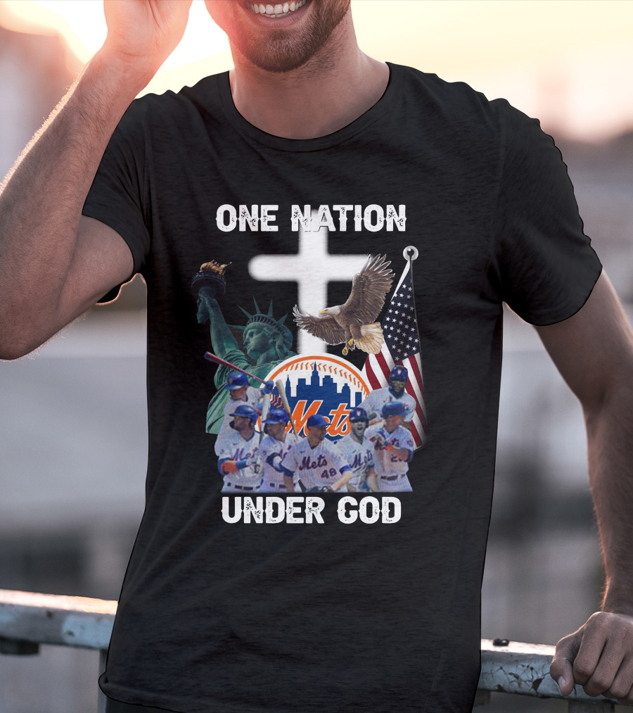 New York Mets One Nation Under God Liberty Eagle Flag Cross Baseball Players T-Shirt