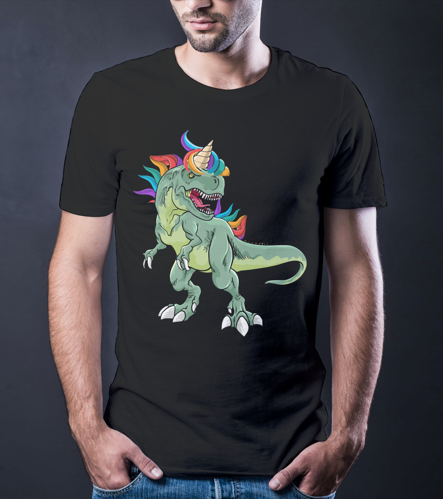 Unicorn Dinosaur Rex With Rainbow Mane And Horn T-Shirt