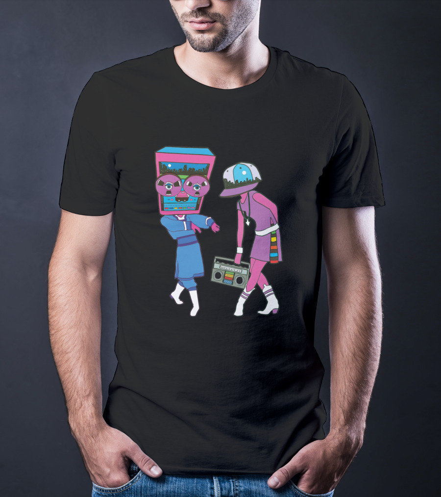 Around The Track 347 Retro Arcade Style Dancing Figures And Boombox T-Shirt