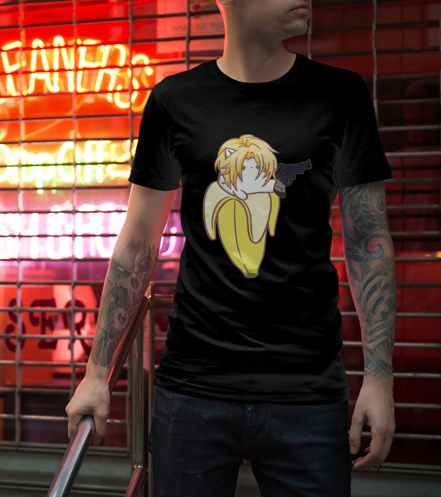 Bananya Fish 990217 Cat In Banana Costume With Toy Gun Anime T-Shirt