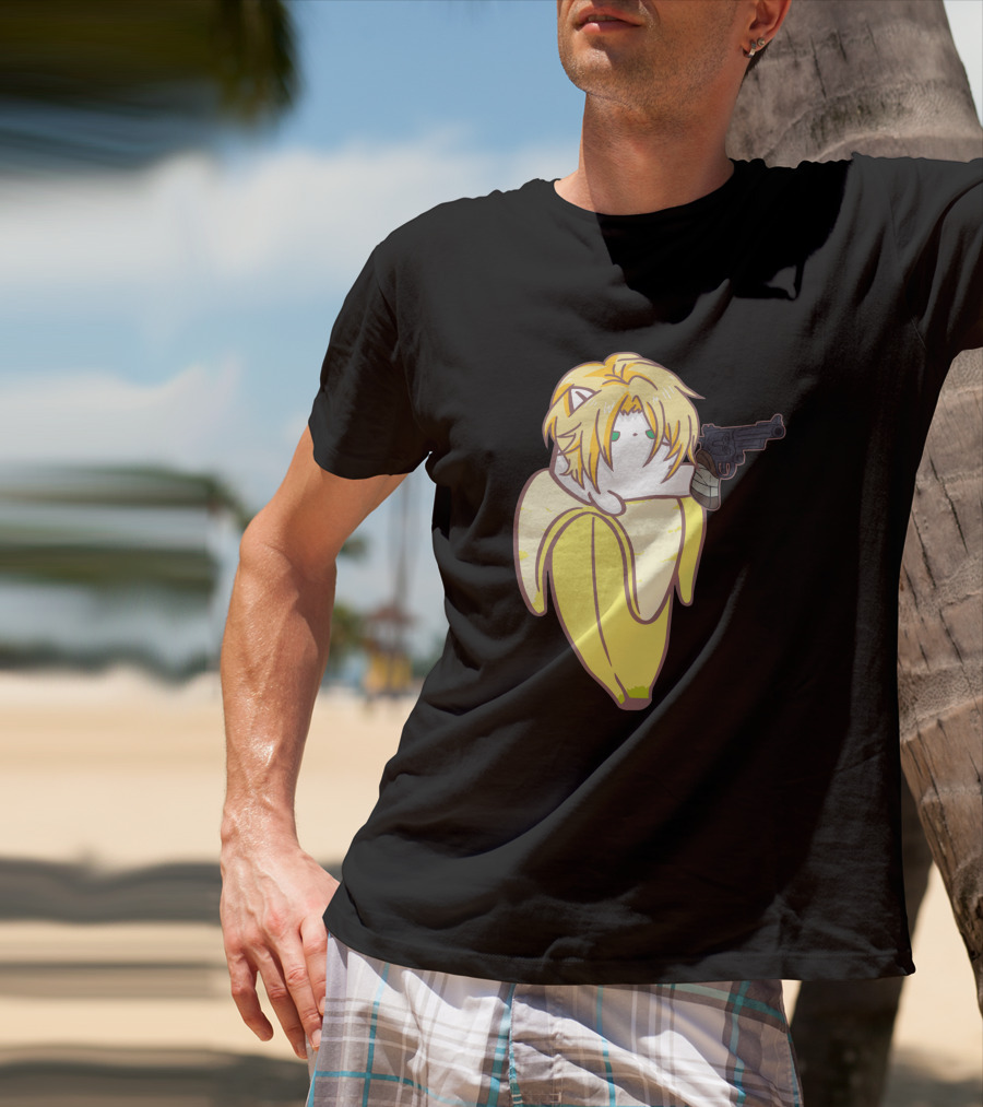 Bananya Fish 990217 Cat In Banana Costume With Toy Gun Anime T-Shirt
