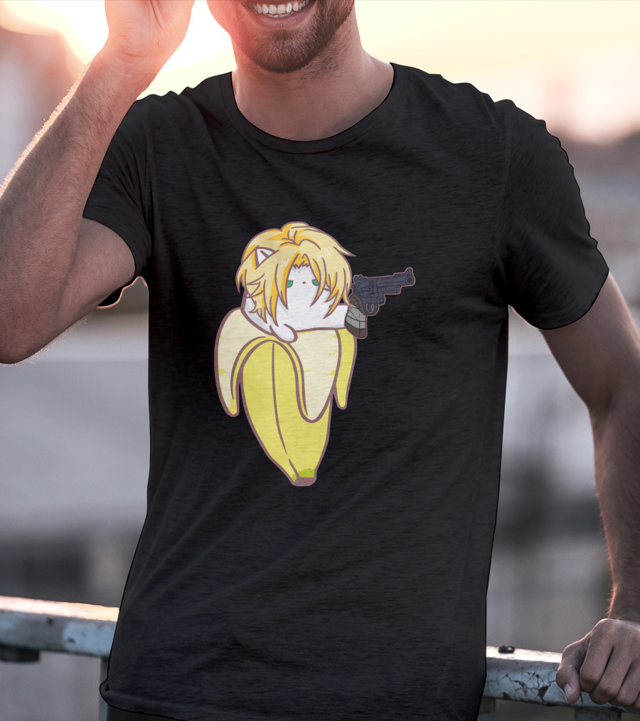 Bananya Fish 990217 Cat In Banana Costume With Toy Gun Anime T-Shirt