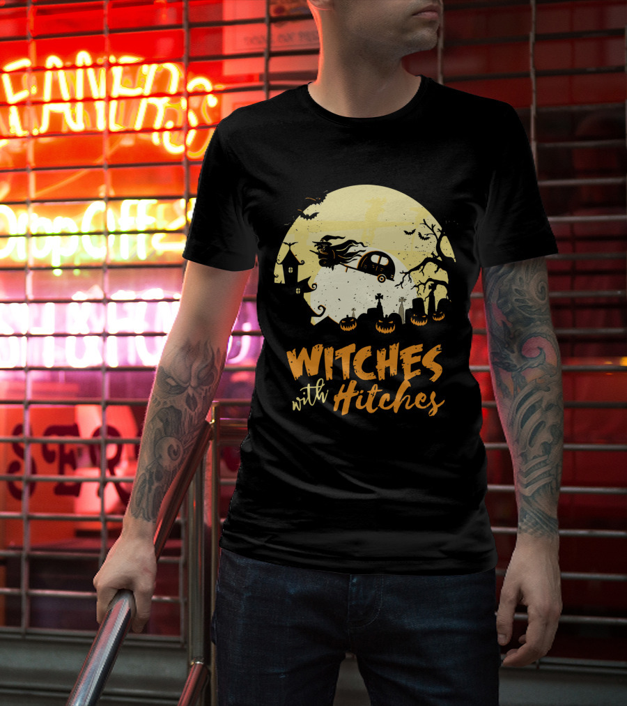 Witches With Hitches Moonlit Halloween Scene T-Shirt