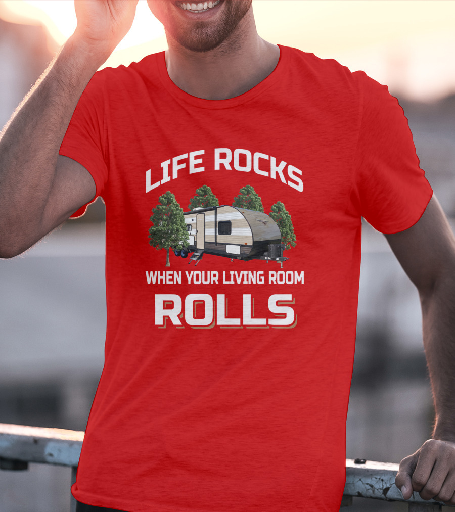 LIFE ROCKS WHEN YOUR LIVING ROOM ROLLS Wildwood Trailer Forest Adventure T-Shirt