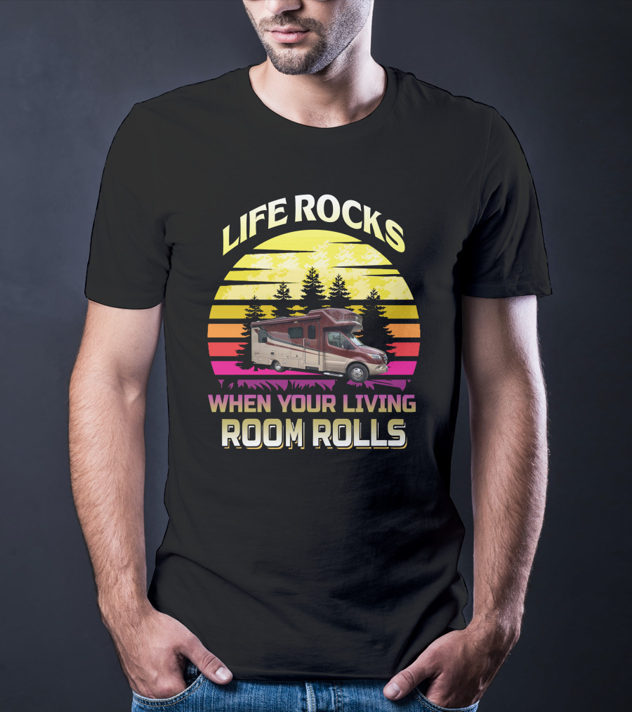 LIFE ROCKS WHEN YOUR LIVING ROOM ROLLS Campervan Vintage Sunset T-Shirt