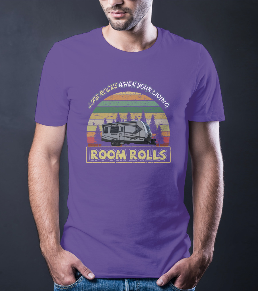 Life Rocks When Your Living Room Rolls Camper Vintage Sunset Forest T-Shirt