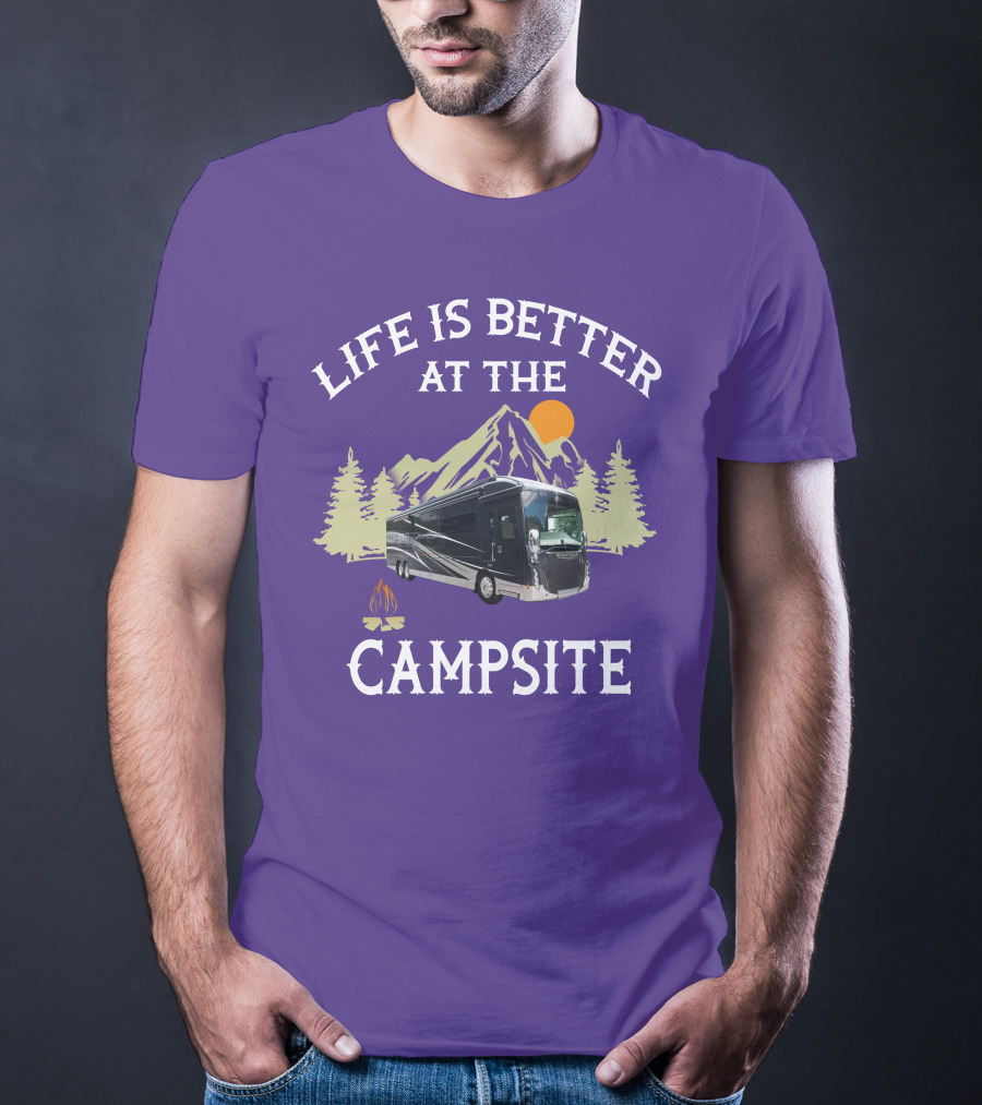 Life Is Better At The Campsite Winnebago 42QL Mountain Sunset Campfire T-Shirt