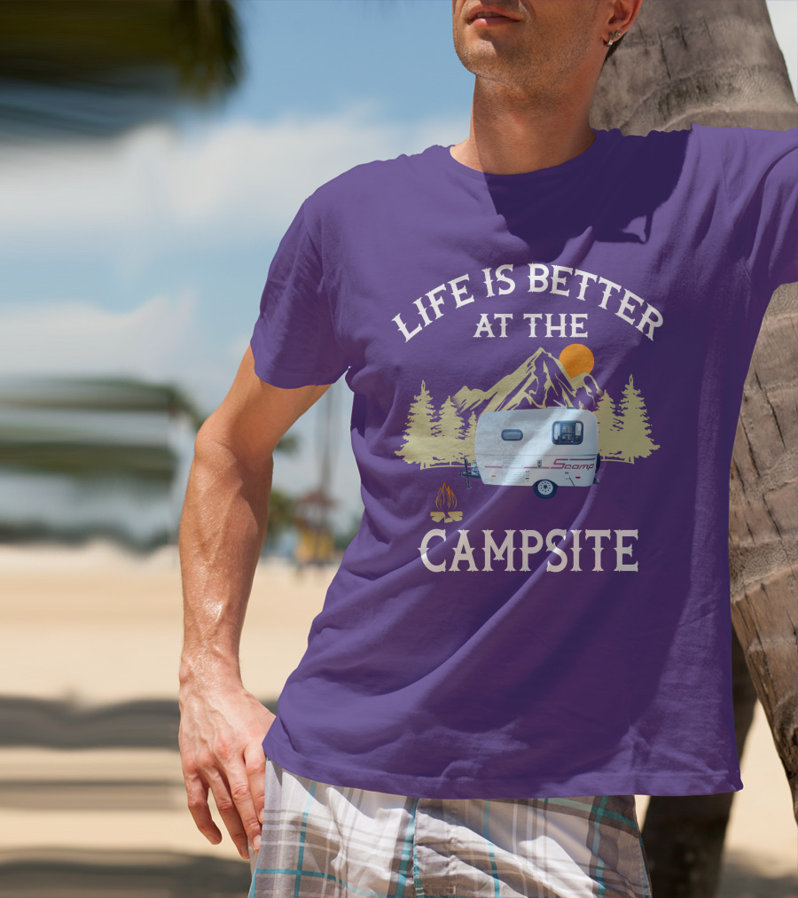 Life Is Better At The Campsite Scamp Small Travel Trailers Mountain Sunset T-Shirt