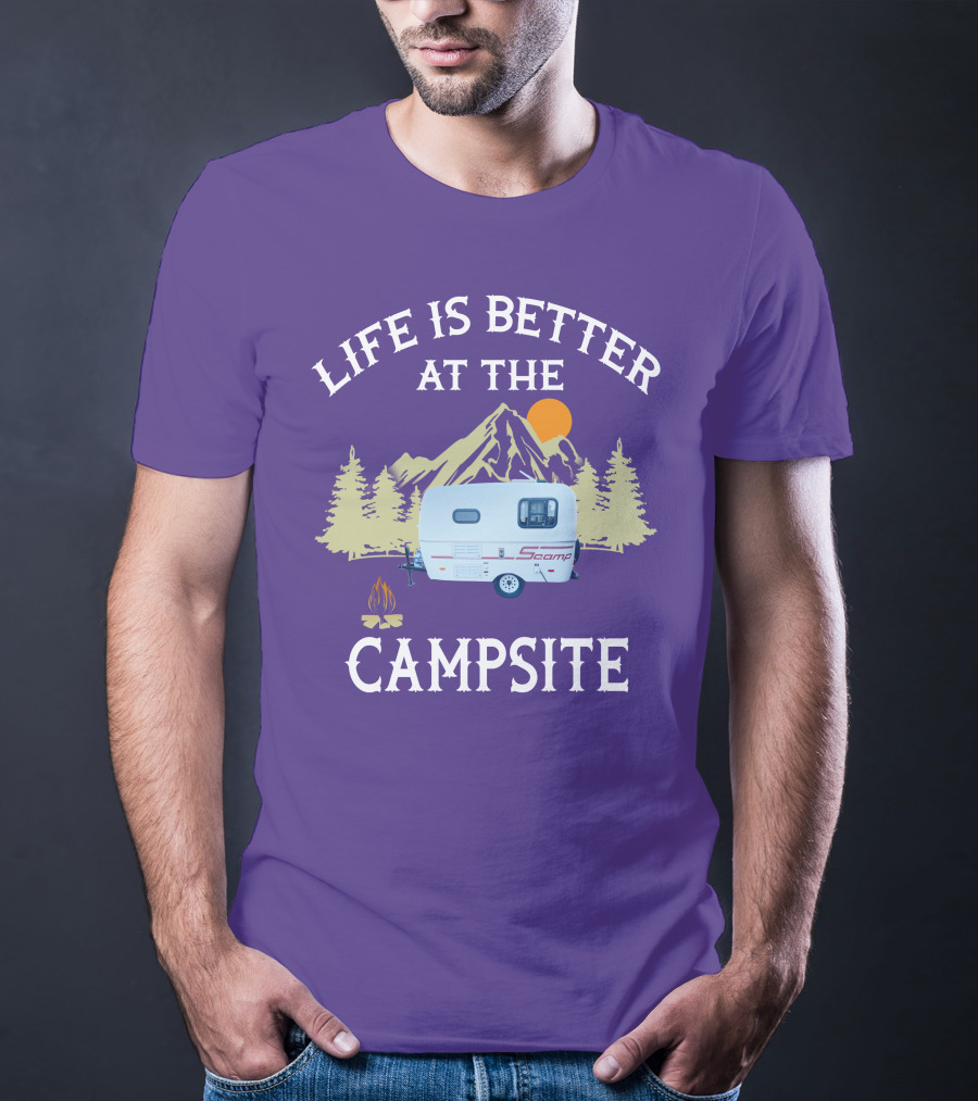 Life Is Better At The Campsite Scamp Small Travel Trailers Mountain Sunset T-Shirt
