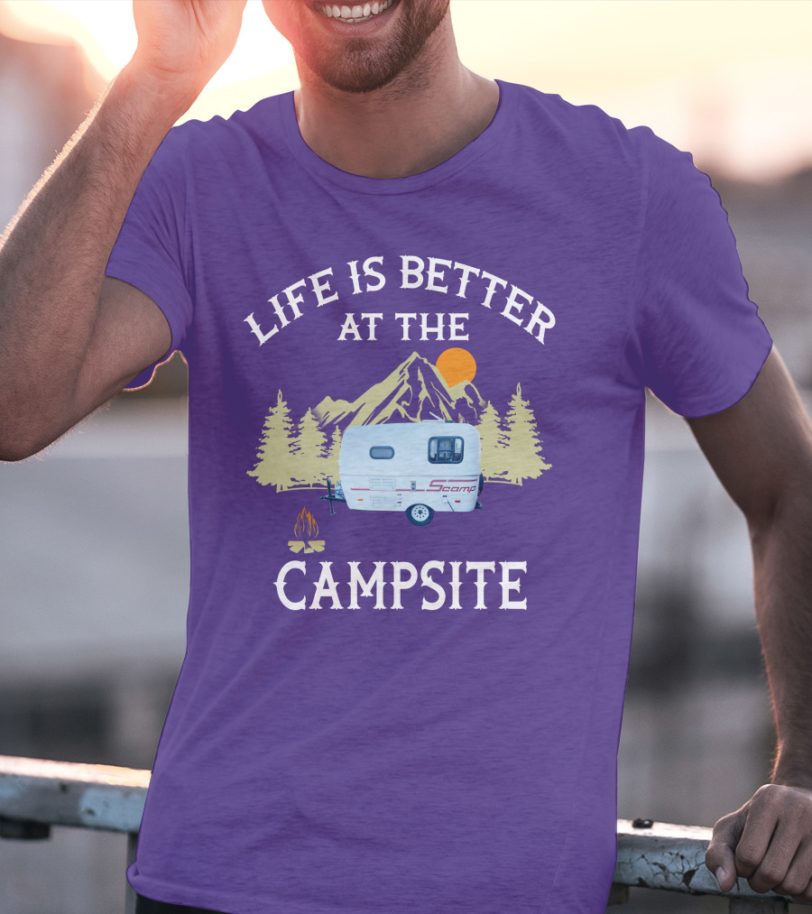 Life Is Better At The Campsite Scamp Small Travel Trailers Mountain Sunset T-Shirt