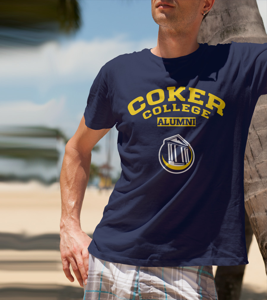 Coker College Alumni Yellow And Navy Blue Text With Greek Temple T-Shirt