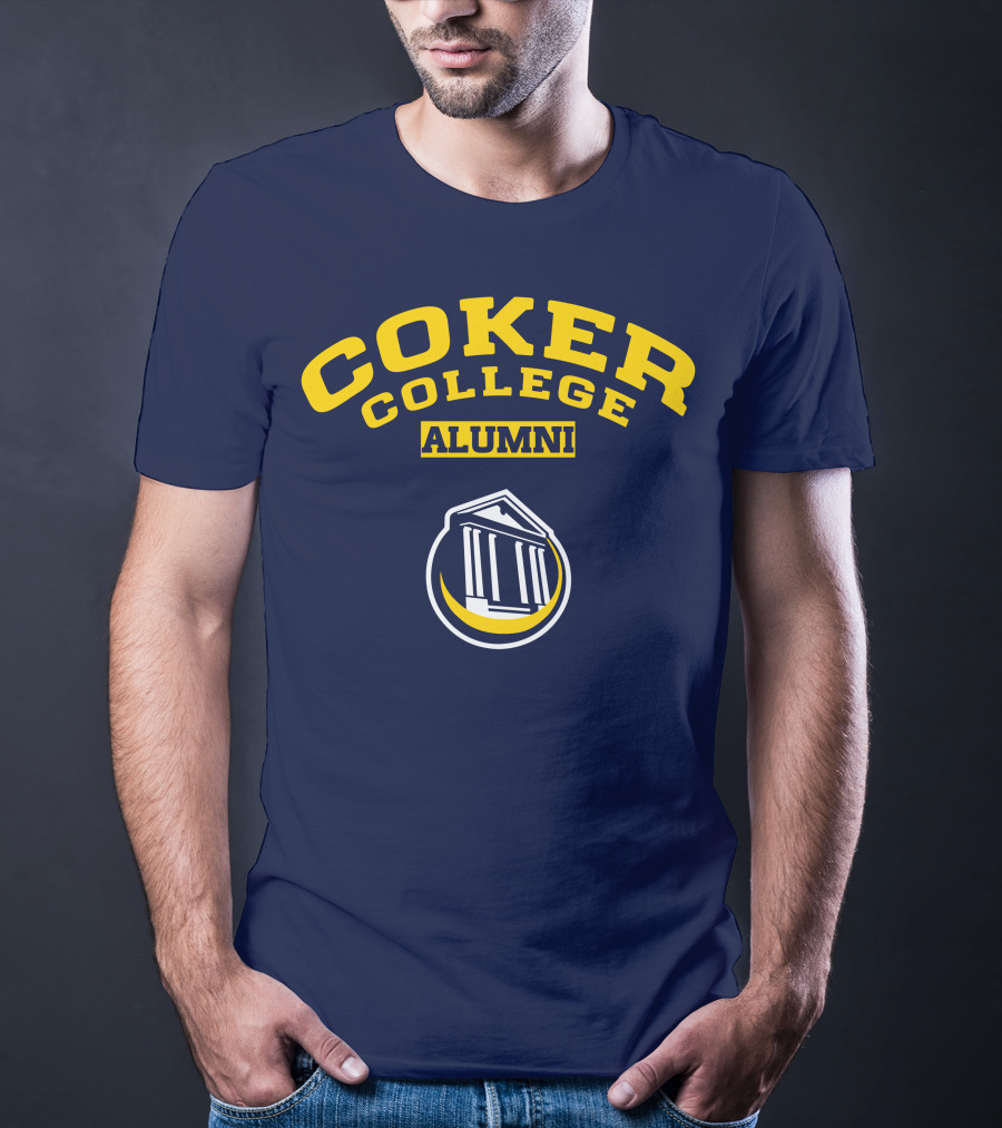 Coker College Alumni Yellow And Navy Blue Text With Greek Temple T-Shirt