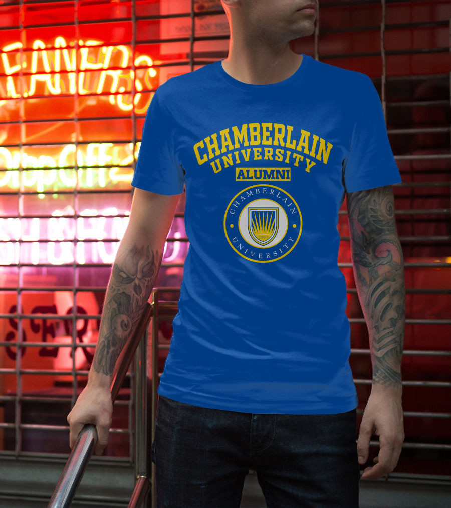 Chamberlain University Alumni 1889 Emblem Blue And Yellow Crest T-Shirt