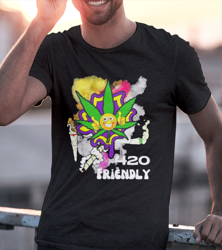 420 Friendly Happy Stoner Leaf With Smiley Face And Colorful Smoke T-Shirt