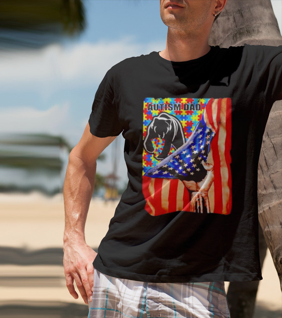 Autism Dad Bear USA Flag Puzzle Awareness T-Shirt