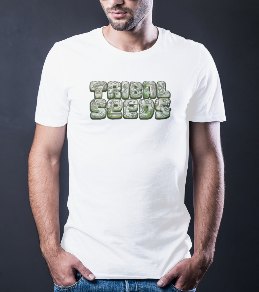 Green Tribal Seeds Cute Logo Textured Lettering T-Shirt