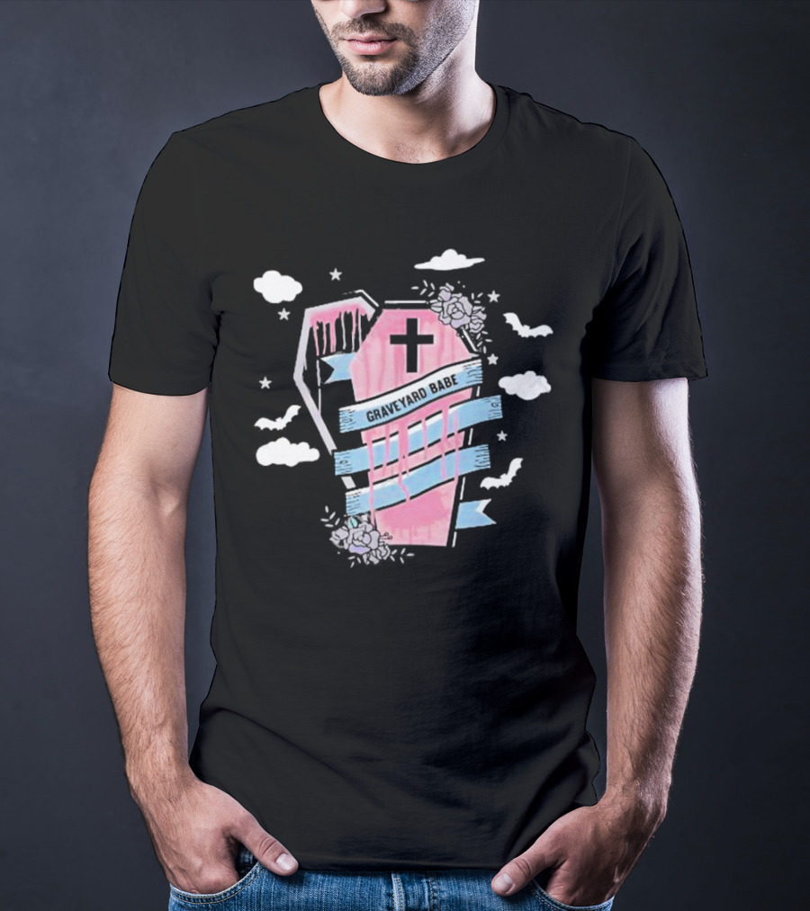 Graveyard Babe Pink Coffin With Cross And Bats T-Shirt