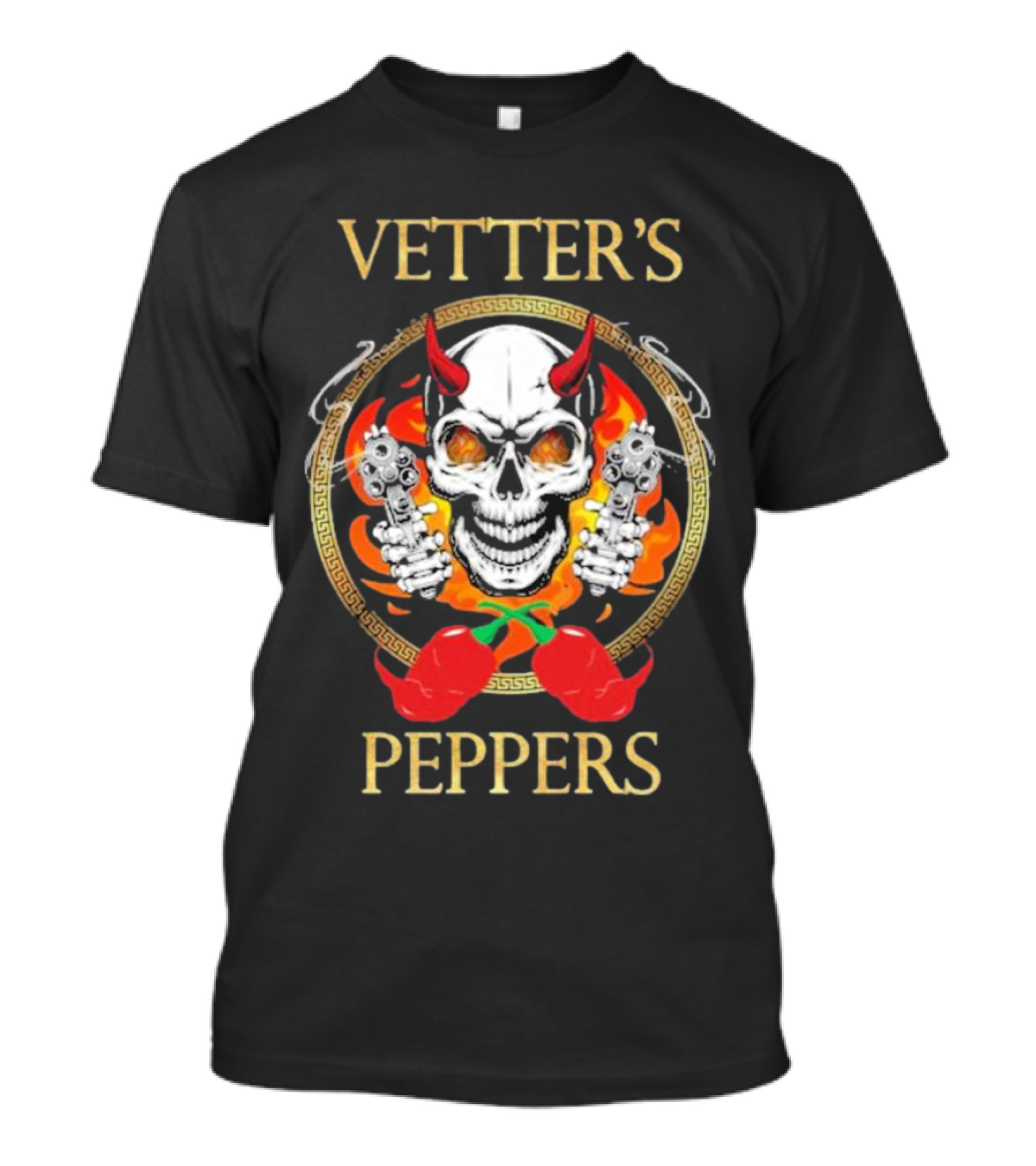 Vetter’s Peppers Skull With Red Horns And Dual Pistols Surrounded By Flames And Chili Peppers T-Shirt