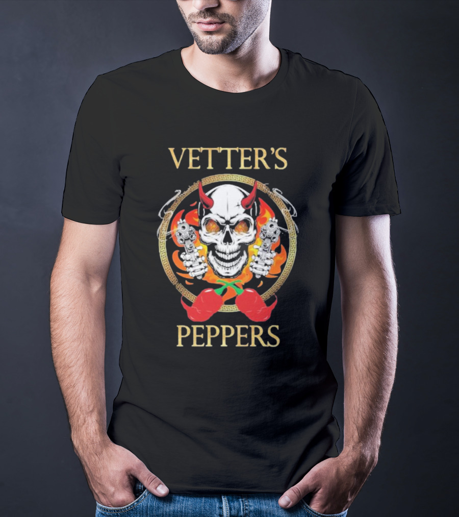 Vetter’s Peppers Skull With Red Horns And Dual Pistols Surrounded By Flames And Chili Peppers T-Shirt