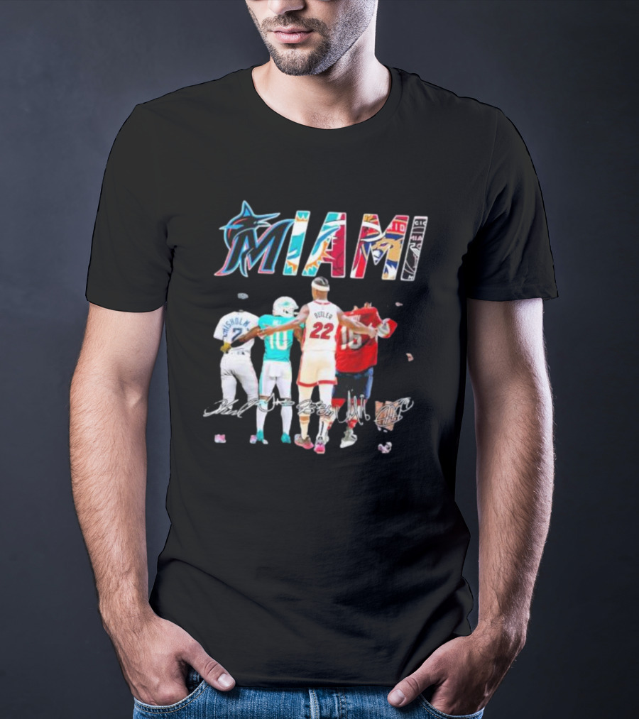Miami Marlins Dolphins Heat Panthers Players Signatures T-Shirt