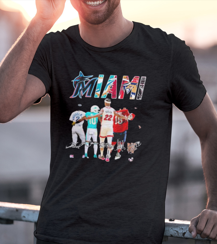 Miami Marlins Dolphins Heat Panthers Players Signatures T-Shirt